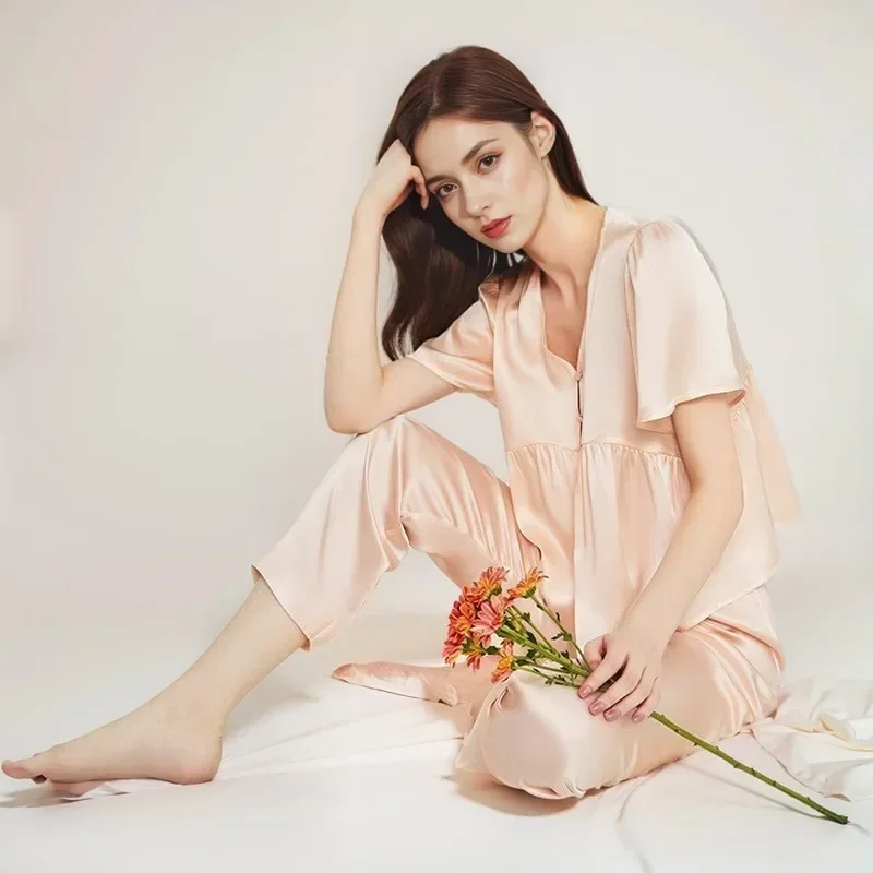 

100% Silk Women Pajama Sleepwear Summer V Neck Cardigan Shirt Trousers and Shorts 3pcs Pajamas Set Button Pijama Homewear Suit