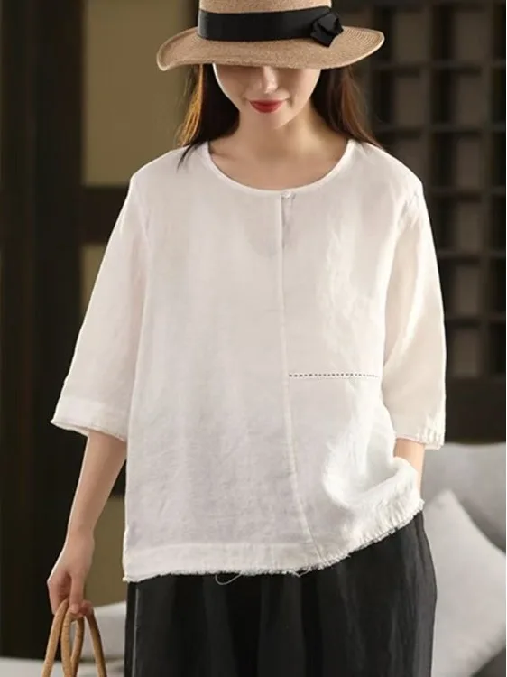 

Retro Linen irt Women's Summer New Design Casual round Ne Slimming Loose Versatile Comfortable Classic Sle Color