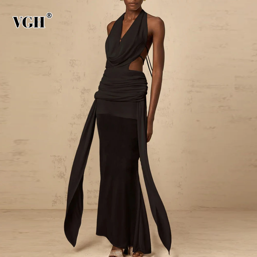 

VGH Sexy Slimming Solid Evening Dresses For Women Deep V Neck Sleeveless Backless High Waist Temperament Dress Female Fashion