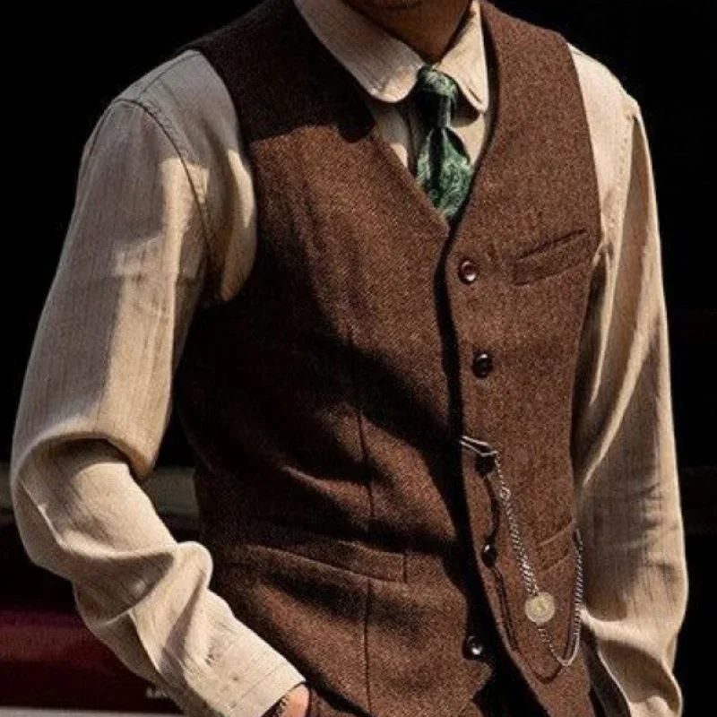 

Men Vest Coffee Single Button Waistcoat For Wedding Birthday Herringbone Business Casual Banquet Work Set Men Suit Vest