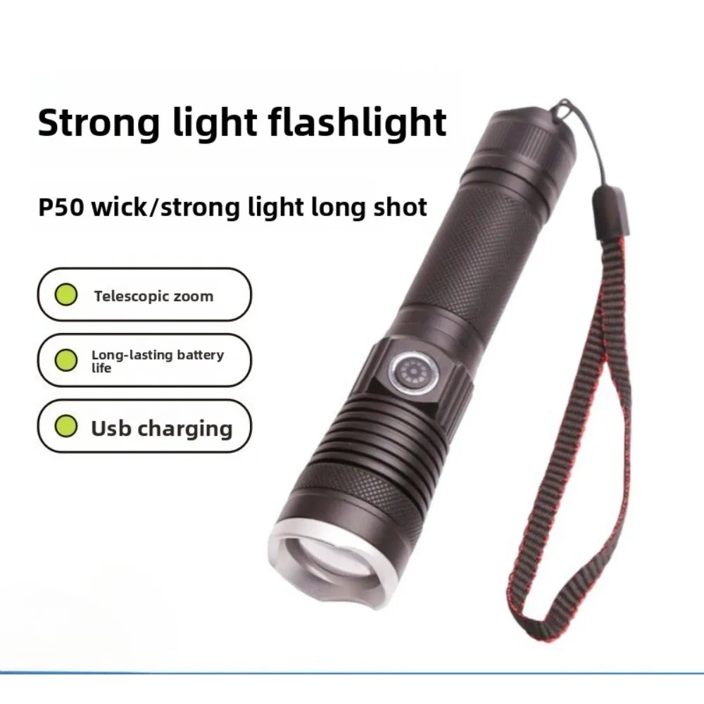 Linterna con zoom P50 de alta potencia, superbrillante, recargable tipo C con batería de larga duración para acampar y pescar al aire libre
