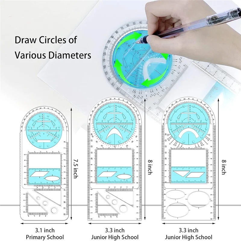 AED6-Multifunctional Geometric Ruler, Geometric Drawing Template, Measuring Tool Draft Rulers For School Office Building