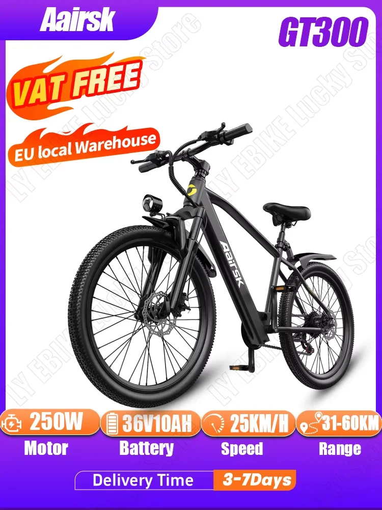 E-Bike für Erwachsene, 250W Standardmotor, 36V10AH Lithium-Akku, Doppelstoßdämpfer, 24/26 Zoll Reifen, max. 25 km/h, für Stadtfahrten und Mountainbike-Nutzung.