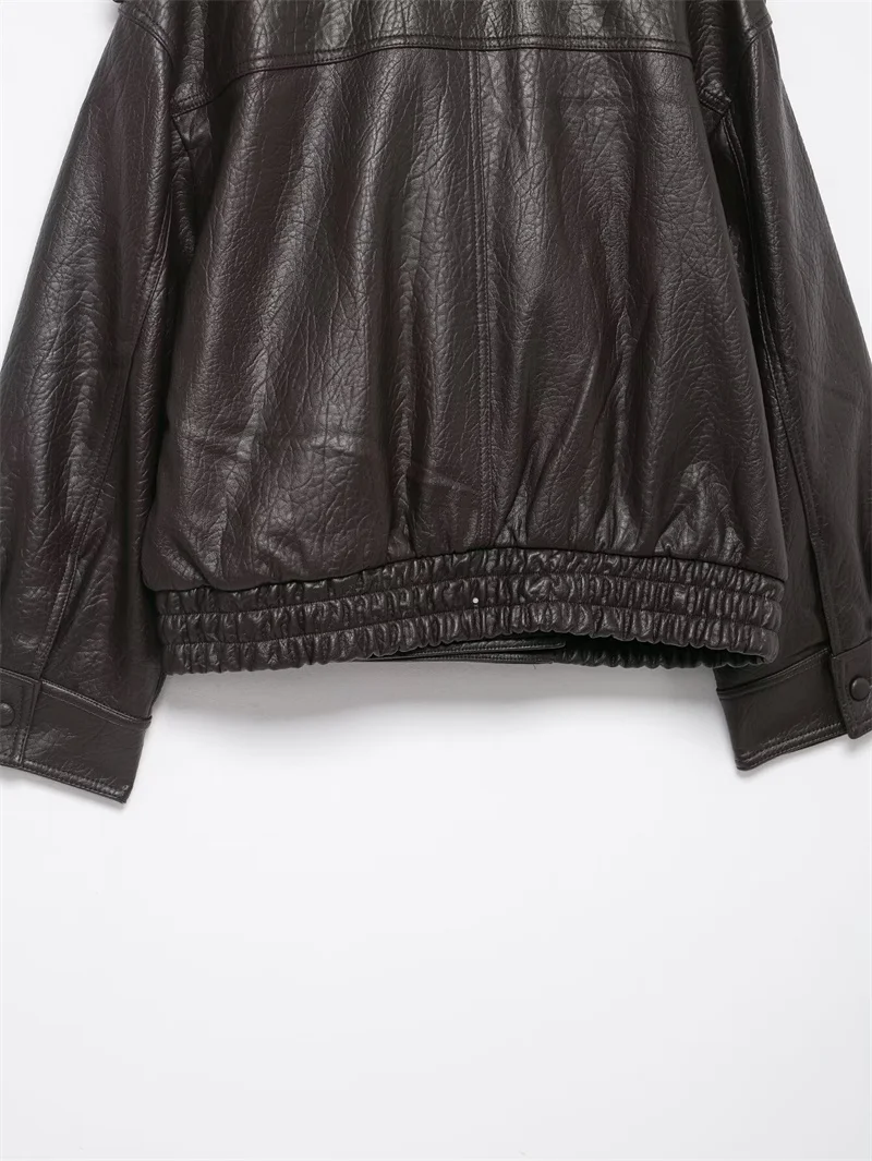 Women's Jacket 2025 Autumn/Winter New Style Dark Brown Long-Sleeve Faux Leather Jacket with Large Fur Collar Casual Fashion