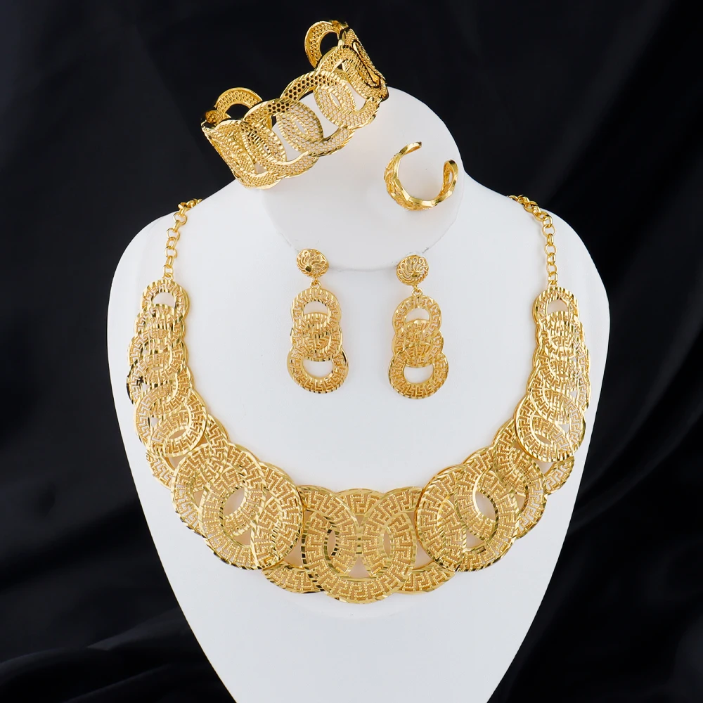 Gold Color Accessories Luxury Necklace Bracelet Ring Earrings Jewelry Set Women 18K Gold Plated Dubai Jewelry Set Exquisite Gift