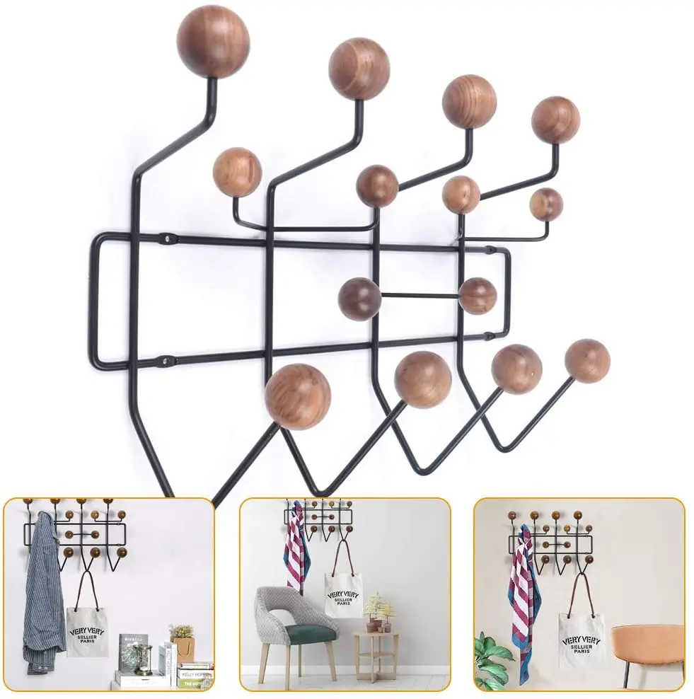 Coat Rack Wall Mounted Multiple Hooks Wall-Mounted Coat with Solid Walnut Wooden Balls Wood for Hallway Bathroom Living Room