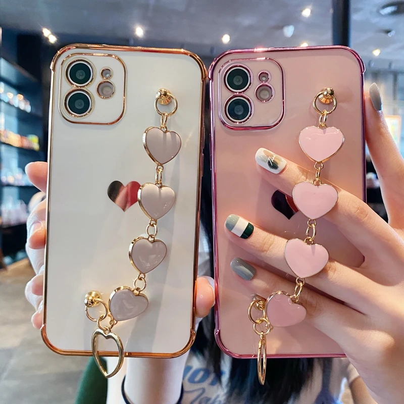 Soft Bracelet Love Heart Phone Case For iPhone 11 12 13 14 Pro Max XS X XR 7 8 Plus Mini SE 2020 Electroplated Bumper Back Cover