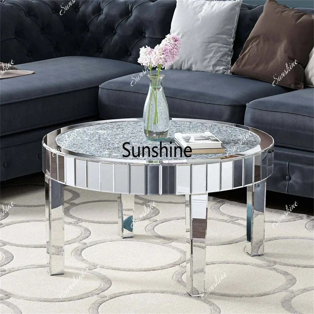 Large Round Mirrored Coffee Table Beveled Bling Crushed Diamond End TableT*