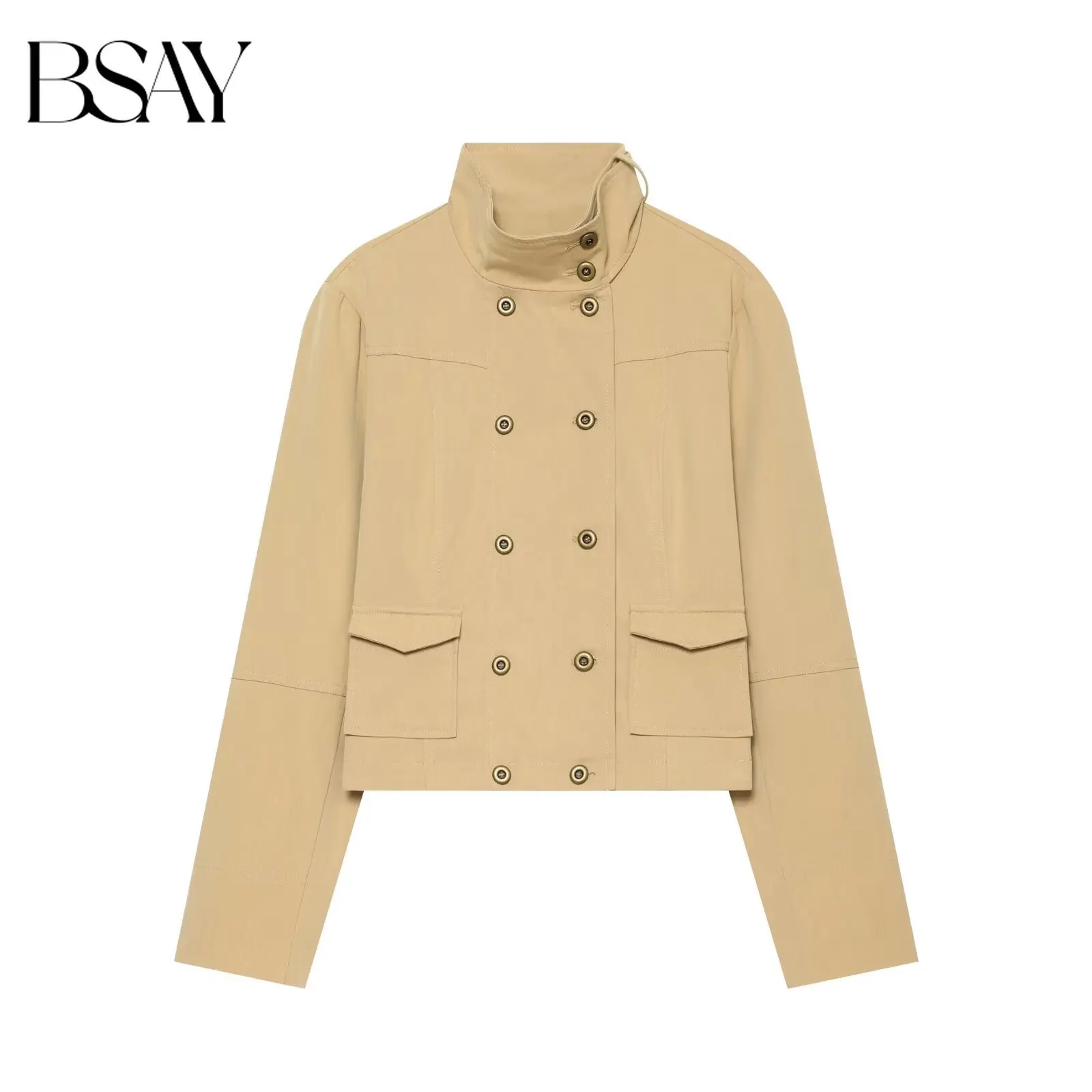 BSAY 2026 Damen Mode Khaki Stehkragen Cropped Jacke Doppelreihig Metallknöpfe Taschen Vintage Pendler Kurze Oberbekleidung