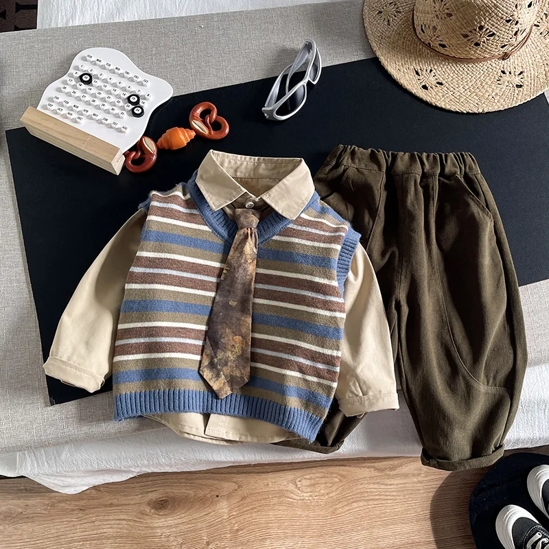 Boys Knitted Vest Clothes Sets Spring Autumn Children Tie Shirts Pants 3pcs School Suit For Baby Casual Tracksuits Kids Outfits