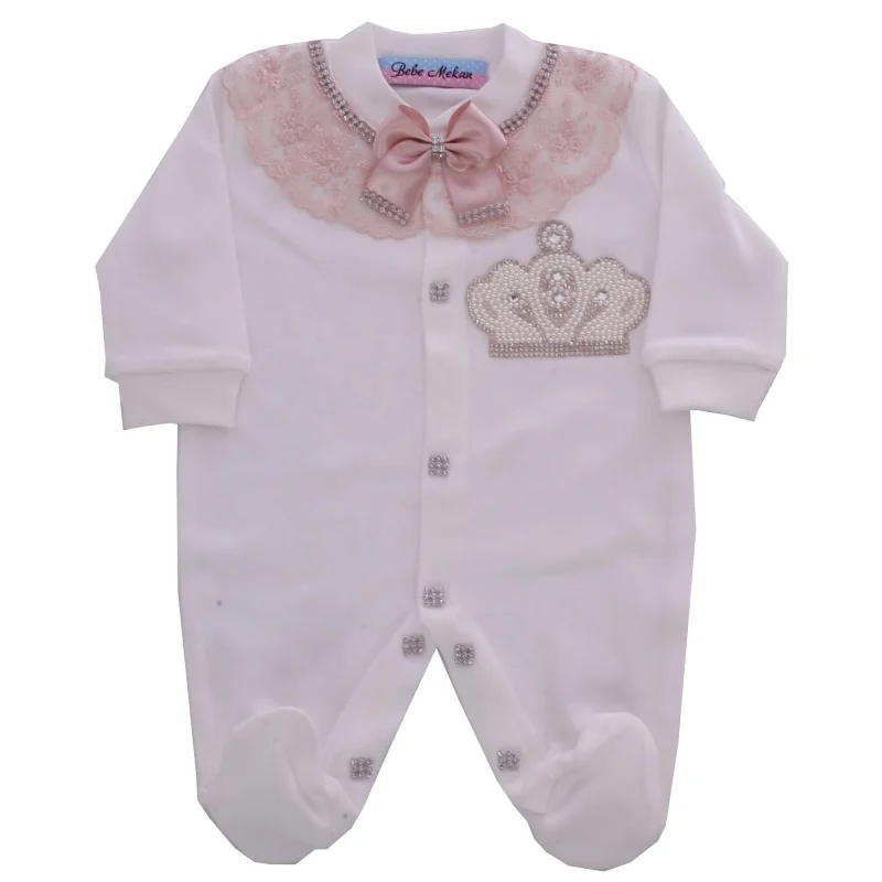 Lace Collar Pearl Crown Baby Footed Romper Newborn 0-9 Months 4Pcs White Pink Silver Satin Bow Royal Jumpsuit Gift