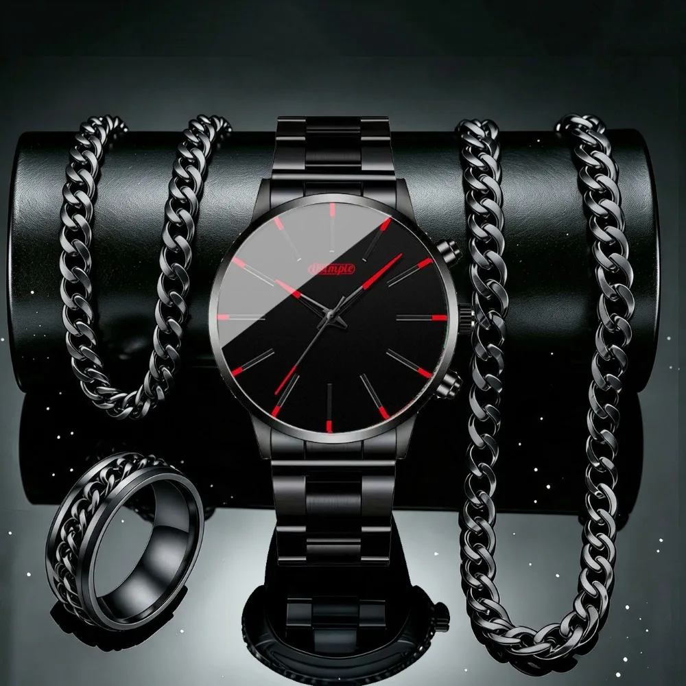 4pcs/set Men's Quartz Watch and Men's Necklace, Bracelet and Ring Set Casual Business Sports Watch Elegant Watch for Men