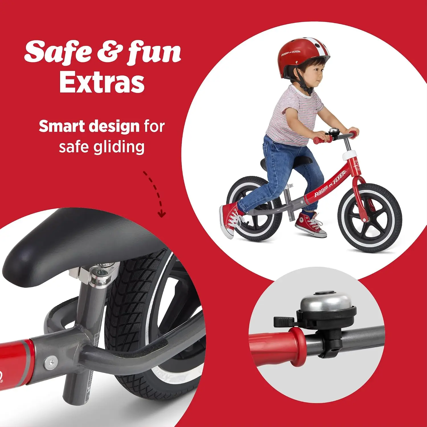 Air Ride Balance Bike, Red, Ages 1.5-5, Pedal Free, Rubber Air Tires, Adjustable Seat, Foot Rest, Bell view 5