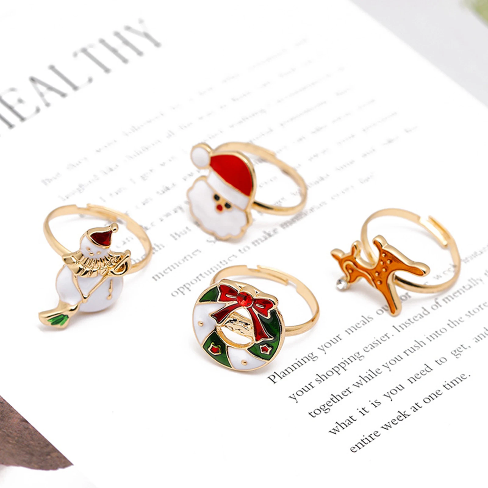 1 PC Christmas Open Rings Gold Color Multicolor Enamel Rings Santa Claus Christmas Tree Fashion Jewelry 16mm(US size 5.25)