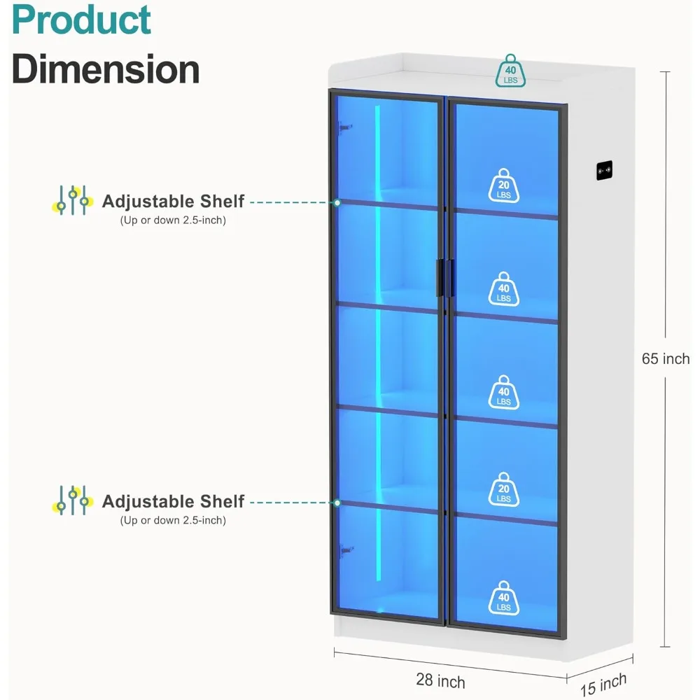 70 Inch High Storage Cabinet, LED Bookshelf Display Cabinet with Human Body Sensing, and Adjustable Shelves