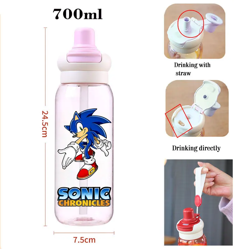 Bouteille d'eau en paille transparente Sonic The Hedgehog pour enfants, grande capacité, dessin animé, corde Portable, tasse à main, 700ml