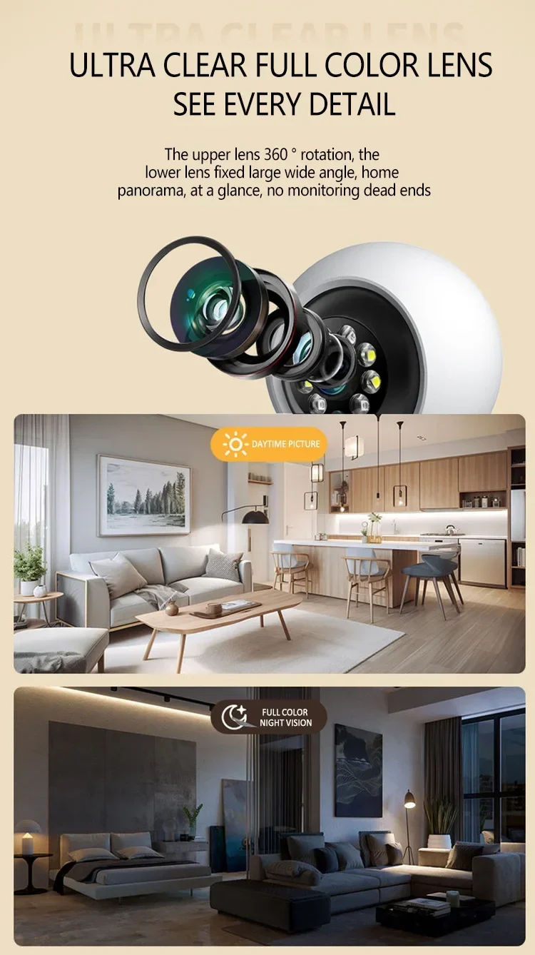 Smart Video Camera 2.4-inch 1080P 3MP One-button Two-way Intercom 360° PTZ Infrared Night Vision Home Monitoring Video Call