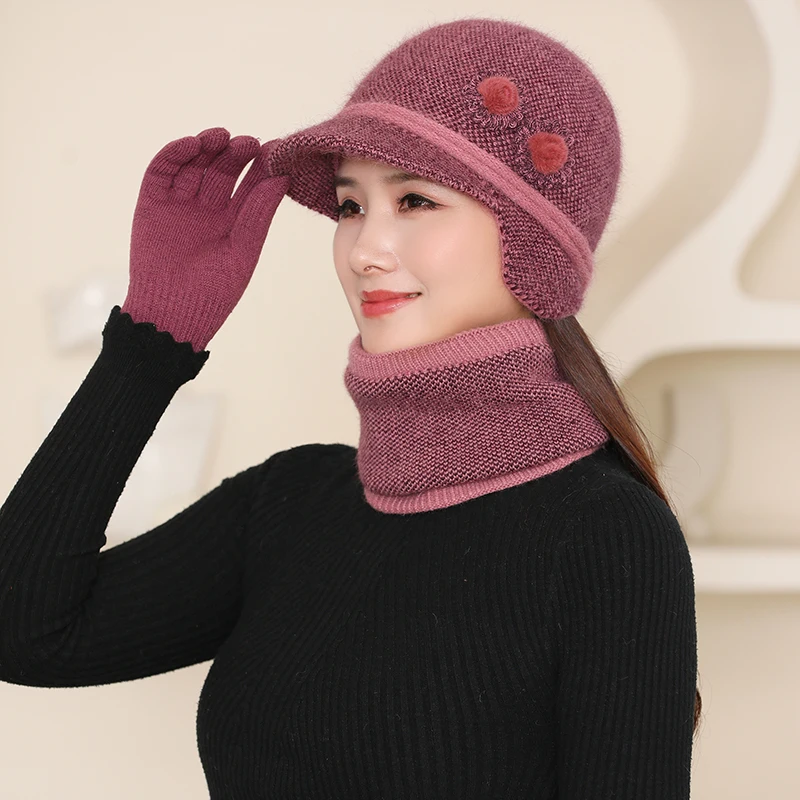 Set di guanti per sciarpa con cappello invernale da donna mantieni caldo spesso elegante moda femminile 3 pezzi Set berretti invernali guanti per