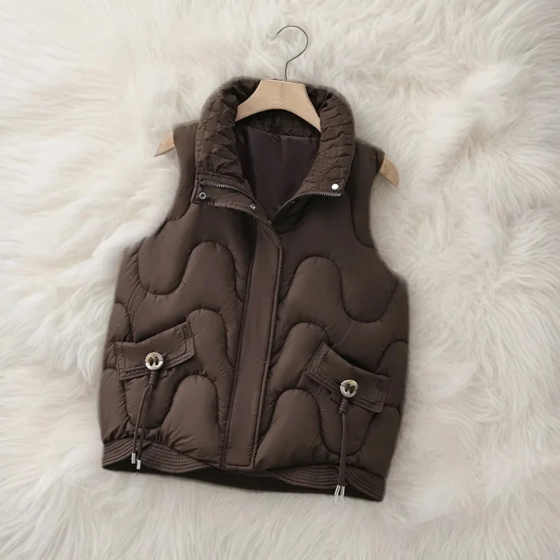 

Autumn And Winter Women's Short Cotton Down Vest Short Stand-up Collar Warm Sleeveless Quilted Vest Outdoor Travel Jacket Tops