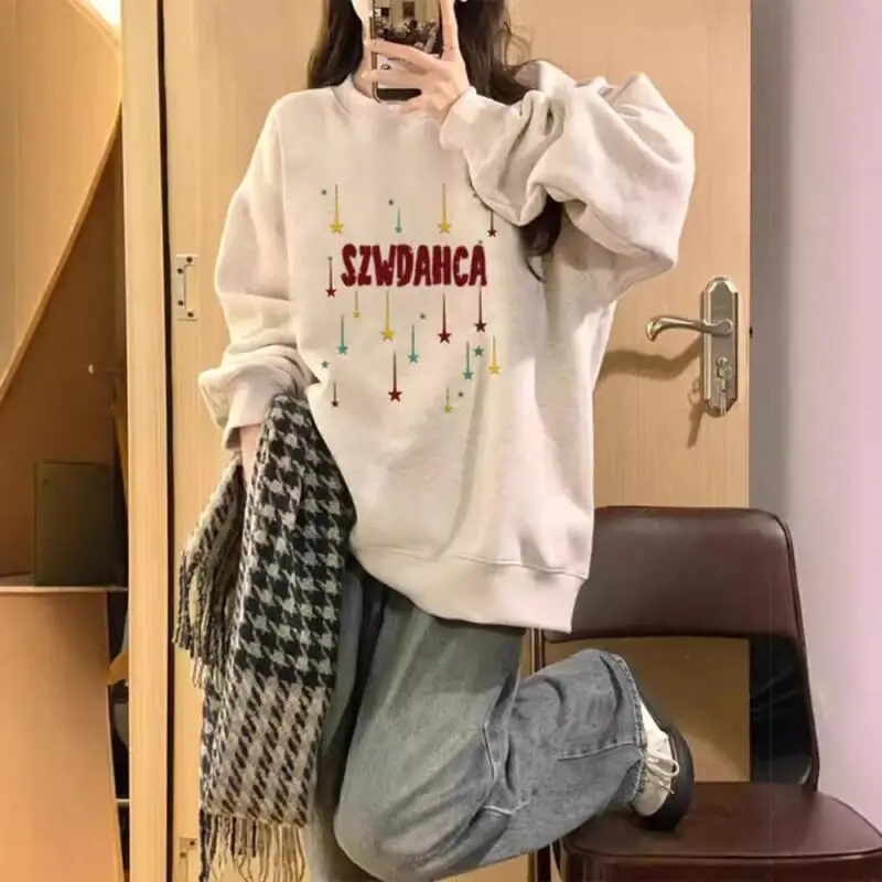 

American Style Vintage Sweatshirt Top Fleece Lined Thickened Women's Early Spring Round Neck Oversize Loose Fit Casual Hoodie
