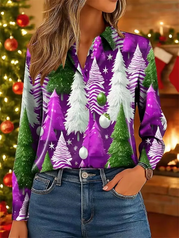 2025 feminino 3d árvore de natal impressão camisa elegante moda blusa de manga longa casual botão laclle festa wear outono noite topos