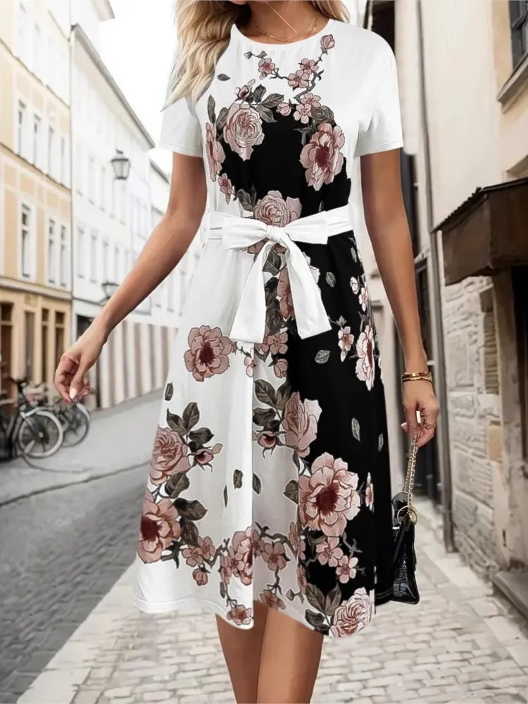 

Printed Long Skirt New Bow Tie Tie Waist Cinching Casual Round Neck Short Sleeved Women's Fashionable Mid Length Dress