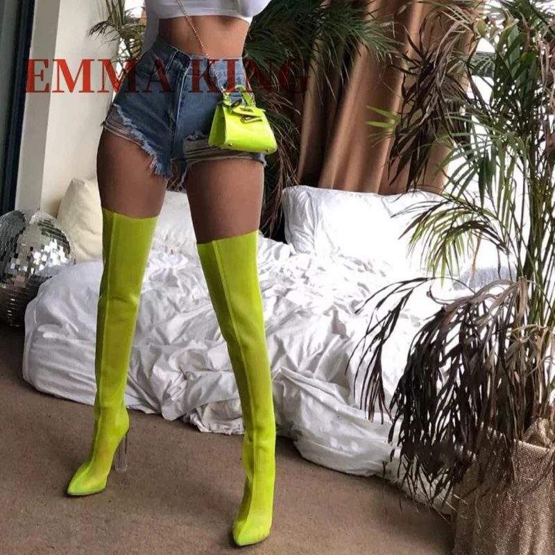 الصيف الربيع النساء فوق الركبة الأحذية مثير النيون الأخضر شبكة الفخذ عالية بوتاس Femenino أشار تو أحذية الحفلات الليلية Mujer 2025