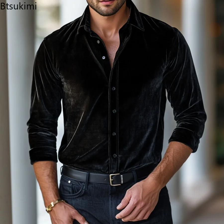 Vintage Men Dress Shirt Tops New Autumn Winter Business Casual Solid Color Shirts Men Clothing Classic Button-up Lapel Cardigans