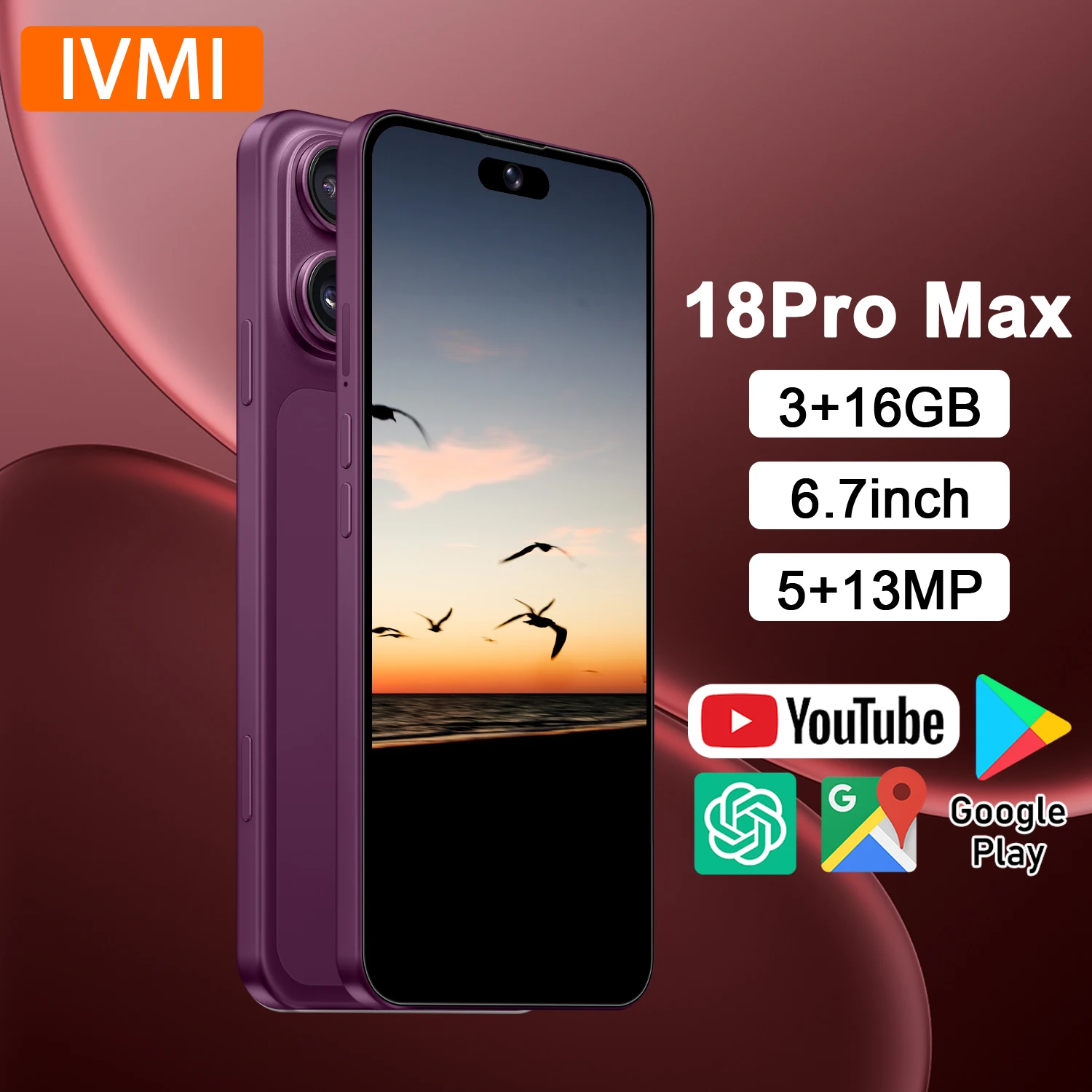 IVMI Global Edition 18 ProMax Smartphone 3GB RAM 16GB ROM Android Dual Card 6.7-inch Face ID WIFI Google Play Store Mobile Phone