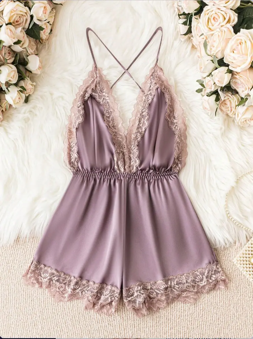 Sexy Lingerie Lace Trim Print Flower Jumpsuits Backless One Piece Nightgown Summer New Homewear Women Sleepshirt Nightdress