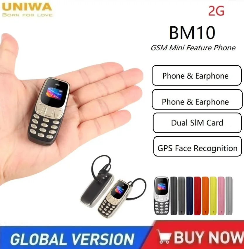 UNIWA BM10 2G GSM Mini Feature Phone Dual SIM Headphone Hands Free Earphone Dialer Magic Voice Unlocked Cell Phone celular