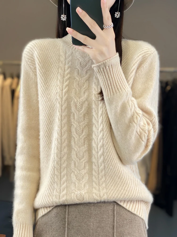 

Women Pullover Thick Cashmere Sweater Autumn Winter 100% Merino Wool Twist Flower Knitwear Female Mock Neck Soft New Casual Top