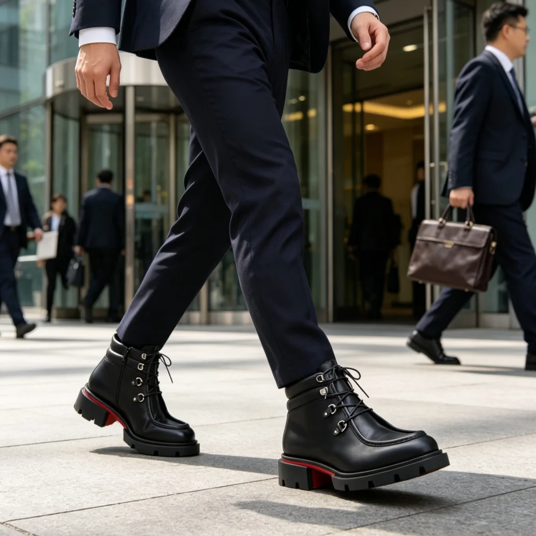 Platform Thick Sole Chunky Heel Short Boats Metal Button Black Leather Red Sole Ankle Boots For Men Lace-Up Botines Para Mujeres