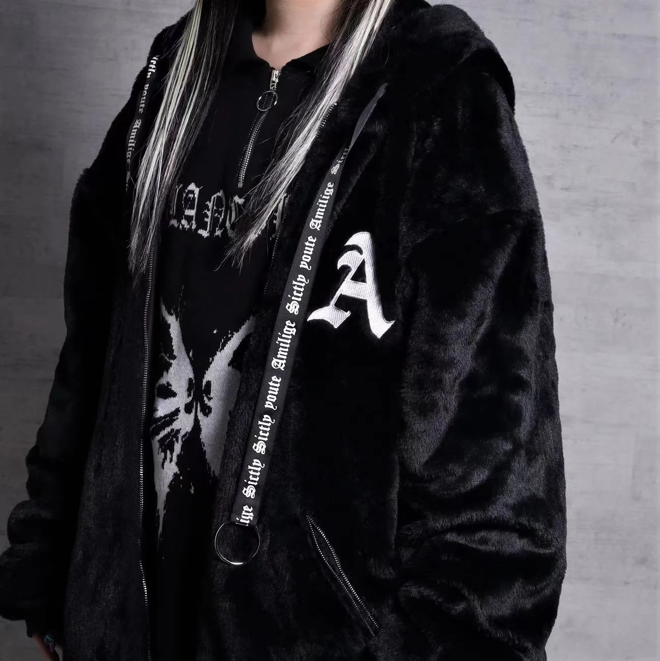 Black Gothic Harajuku Fashion Faux Fur Coat 2025 Autumn Winter New Punk Dark Girl Long Sleeve Loose Hooded Thickened Jacket