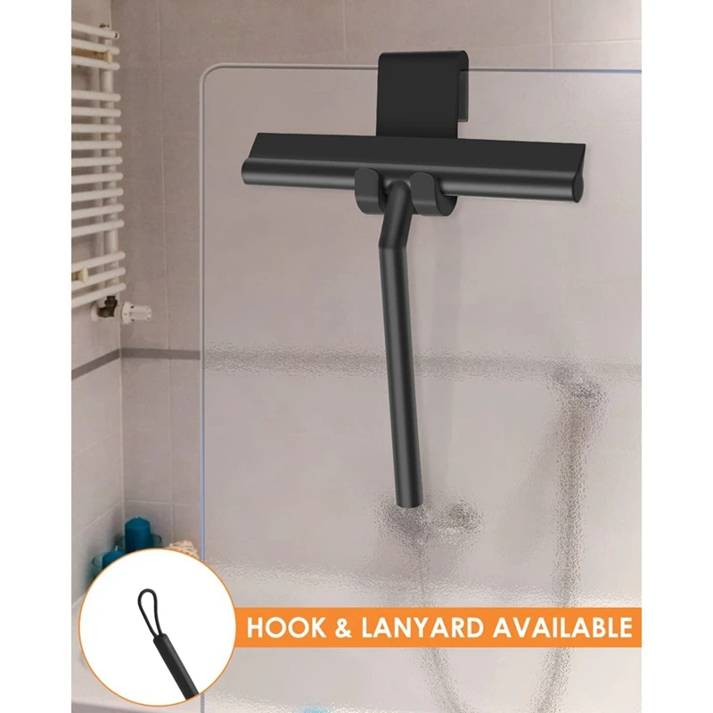 Silicone Shower Squeegee with Hook & Lanyard, Black Window Glass , Mirror Screen Wiper, Multi Cleaner-A09G