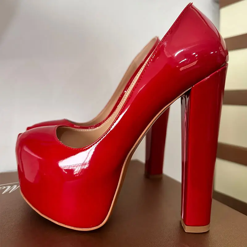 Onlymaker Women Platform Round Toe Pumps Slip On High Heel Block Chunky Heels Patent Leather Black Large Size Shoes