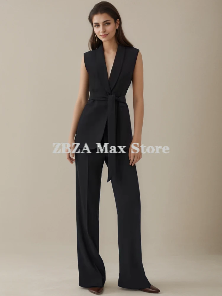 Women\'s Vest Coat Trousers Suit Sleeveless Lapel Belted Tuxedo Vest High Waist Zip  Fluid Straight Leg Pants Female Fashion Suit