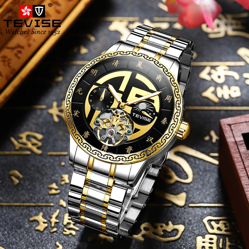 TEVISE-الميكانيكية توهج ساعة للرجال ، T881 ، النمط الصيني ، والأزياء التلقائية ، اثني عشر عصابة