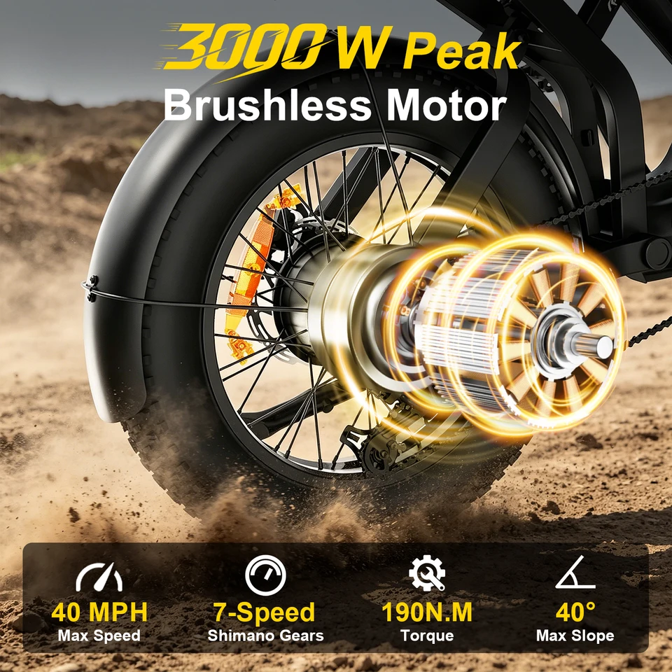 Electric Bike for Adults, 3000W Motor, 40MPH Top Speed, 52V 31.5Ah Battery, Up to 85 Miles Range, 20" Fat Tires, Off Road Mountain E-Bike image 6