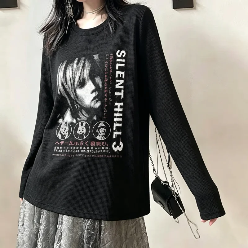 European and American cross border Autumn New Retro Aesthetic Print Vintage Unisex Waffle Knit Long Sleeve Base Top