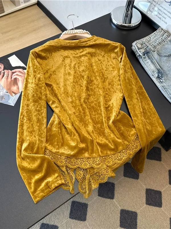 Новая китайская футболка с бархатным основанием и круглым вырезом Ne Lace Splicing, длинная футболка с разрезом на талии, женский модный топ