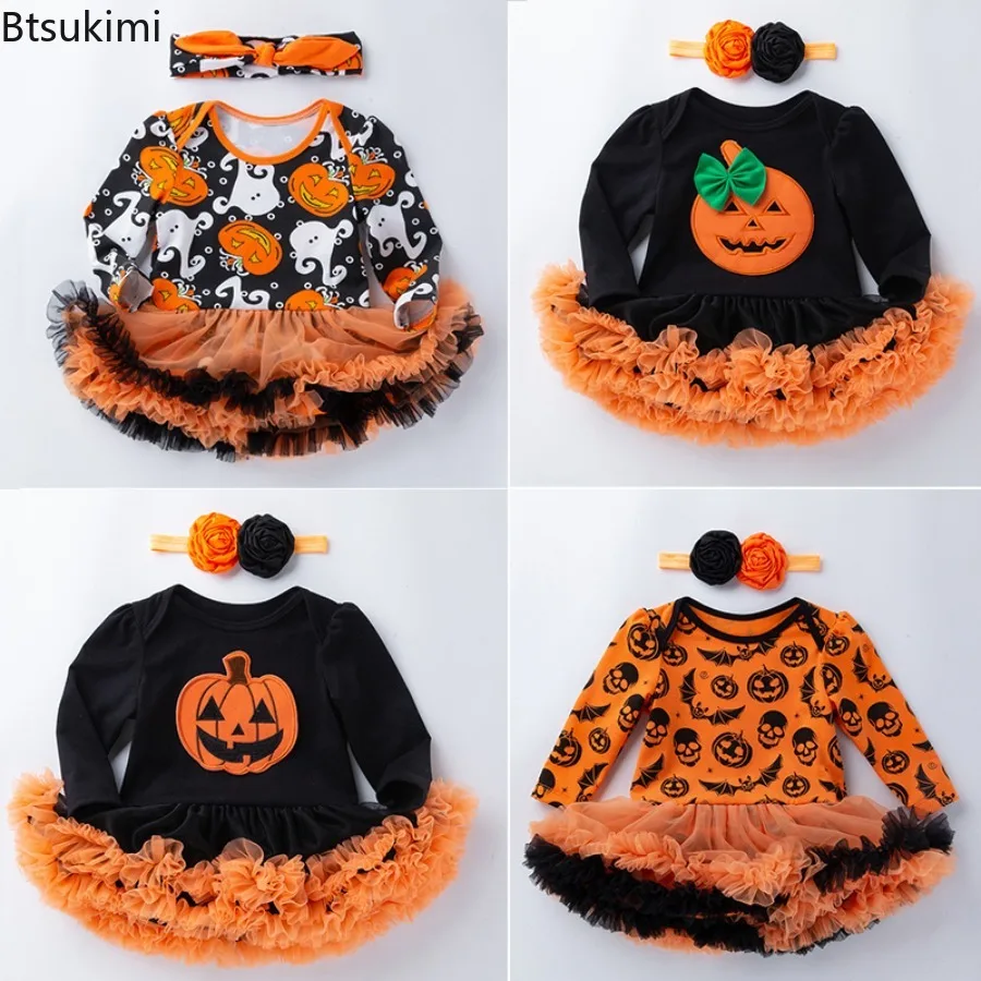 

Halloween Autumn Winter Festive Party Infants and Toddlers Cosplay Pumpkin Print Cute Warm Long Sleeve Jumpsuit Dress + Headband