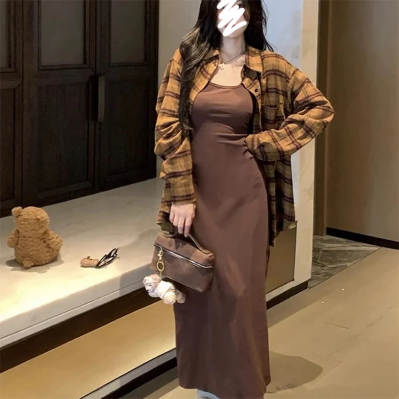 

Retro Hong Kong Sle Long Sve Plaid irt Women's Top Autumn New Arrival Slimming Strap Dr Two Piece Set Collar