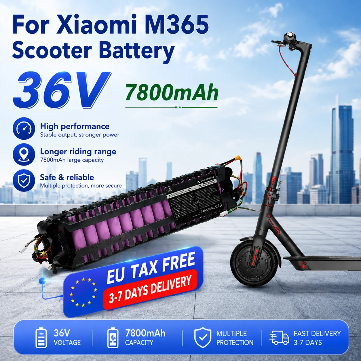 Image of M365 10S3P 36V 7800mAh Elektroroller-Akku-Ersatz für Xiaomi M365 Pro, M356 und 15-20, wasserdichtes BMS
