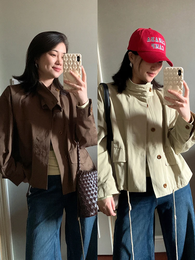 

Retro Sle Cotton Work Jaet ort Coat Stand Collar Barn Sle Loose Fit Ladies Faion Autumn New Arrival Breathable