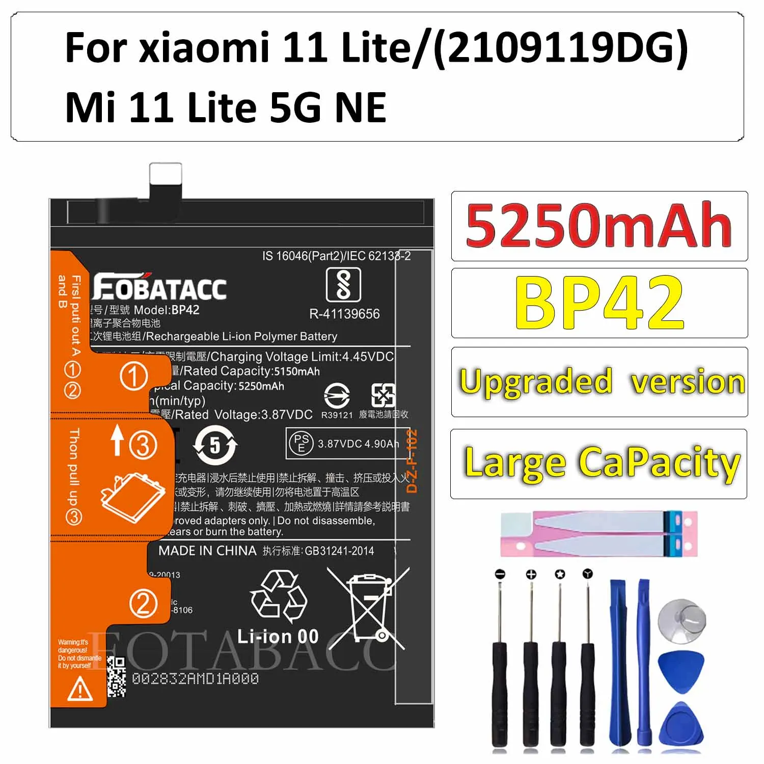 EOTABACC 100% New Original Battery BP42 5250mAh For XIAOMI  11 Lite/Mi 11 Lite 5G NE /2109119DG Battery +Tools