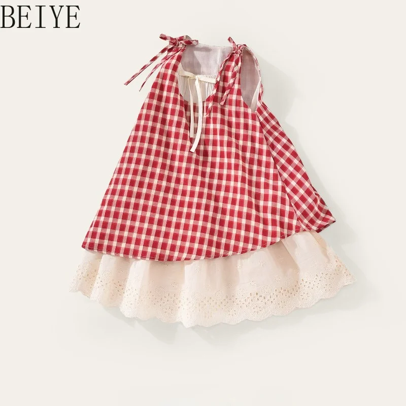 Girls Red Plaid Spaghetti Strap Dress Bow Tie Shoulder Double Layer Lace A-line Sundress Kids Summer Casual Farm Holiday Outfit