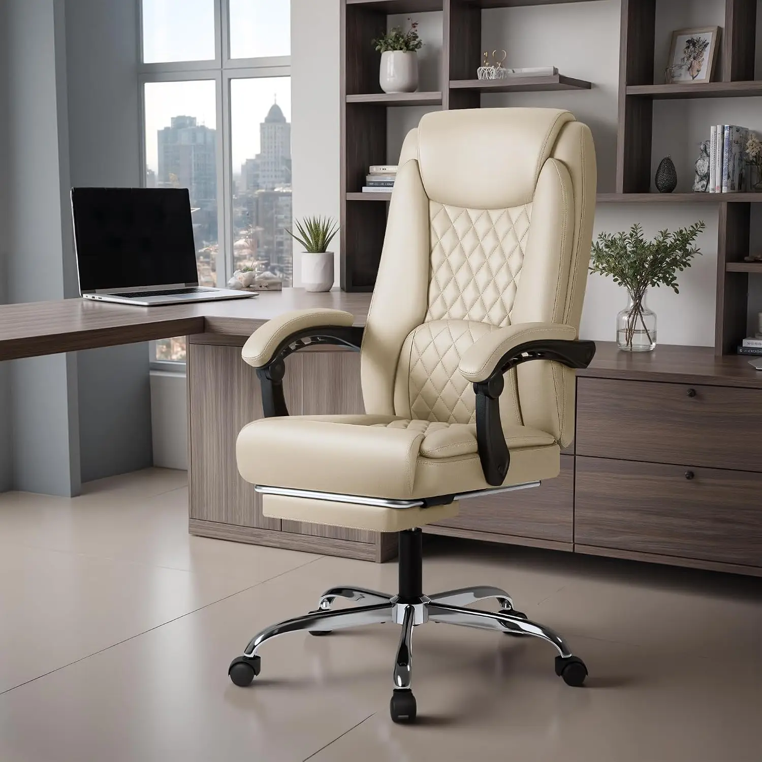 Ergonomic High Back Office Chair with Footrest, 400lbs Reclining Leather Swivel Desk Chair 90-135°, Home Task Chair with Wheels,