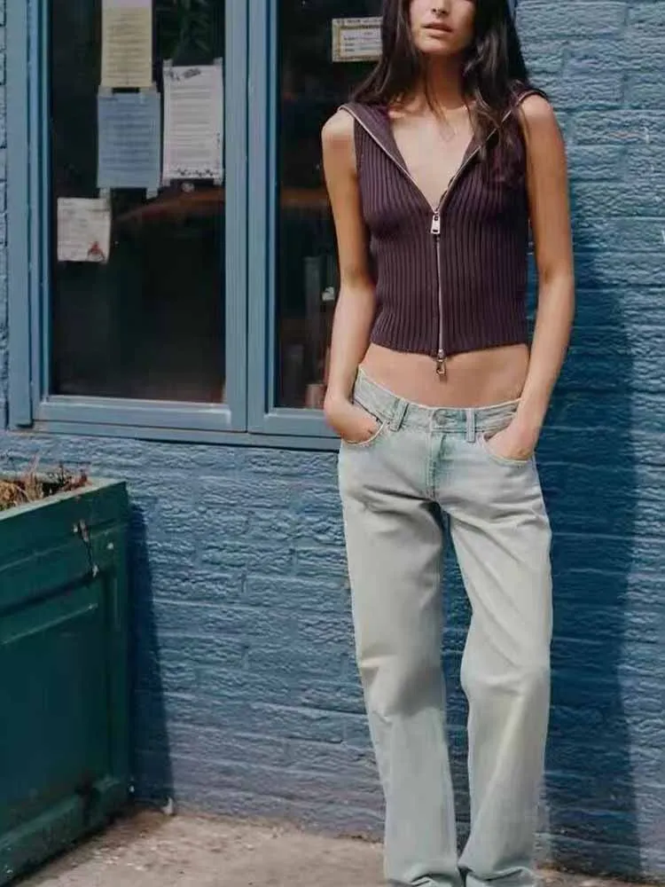 

Осенние новые поступления в европейском и американском стиле, модная, простая и повседневная женская одежда, вязаный жилет в рубчик на молнии.