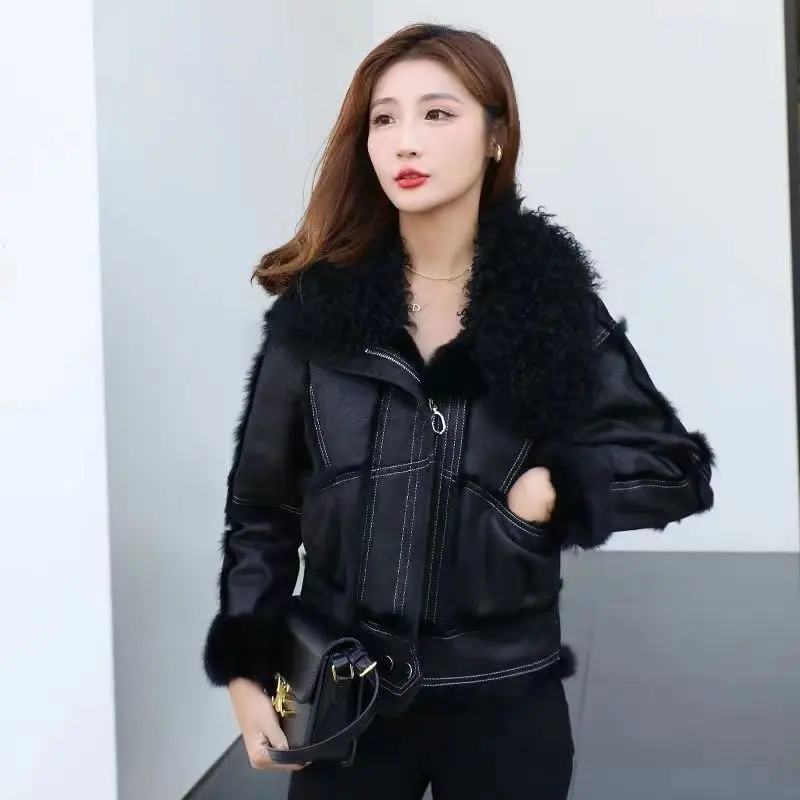 2023 New Leather Rabbit Fur One Thick Female Coat Lamb Collar Slim-fit Leather Fur Overcoat Women Outwear Women Winter Jacket